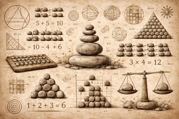 This artwork features stone arrangements paired with math problems and geometric shapes, illustrating basic math concepts in a clear format.