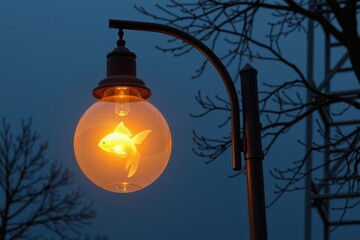 A streetlamp where the glass bulb has been replaced by a glowing goldfish swimming in a spherical bowl.