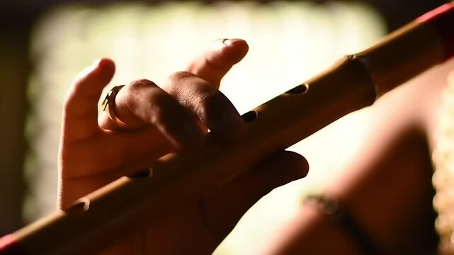Playing bamboo flute close up with bokeh background.