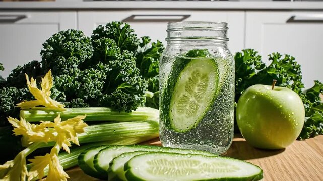 Refreshing Detox Water With Cucumber, Apple And Celery In A Glass Jar On The Table