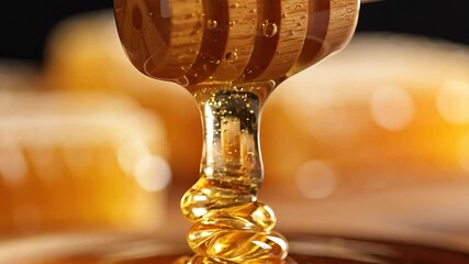 Closeup view of rich golden honey slowly dripping and swirling from a rustic wooden dipper showcasing its thick viscous texture and natural sweetness perfect for healthy breakfast baking or gourmet f.
