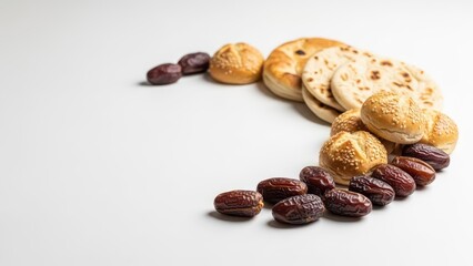 A bright studio shot captures a variety of earthy brown dates and golden baked goods arranged in a decorative crescent shape on a clean, isolated white background.