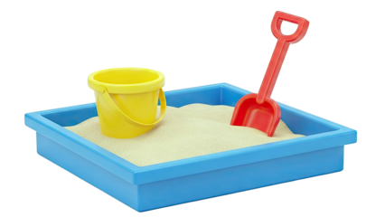 Sandpit with Yellow Bucket and Red Shovel