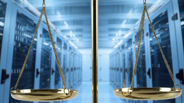 Golden scales of justice balancing on a server room background, symbolizing data governance.