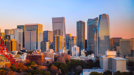 Tokyo city skyline with skyscrapers and modern office and apartment buildings in Japan.