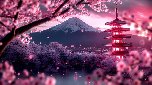 Spring booming. Life. New hope. Season. pink cherry blossom digital artwork with Mount Fuji in the background and a traditional Japanese pagoda in the foreground.