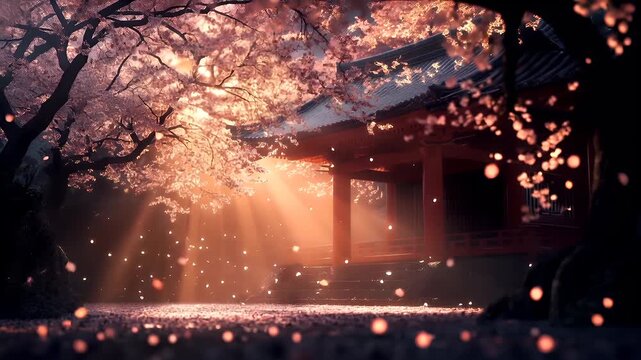Spring booming. Life. New hope. Season. cherry blossoms in full bloom near a traditional Japanese temple during sunset or sunrise, with the sun casting a warm, golden hue over the scene.