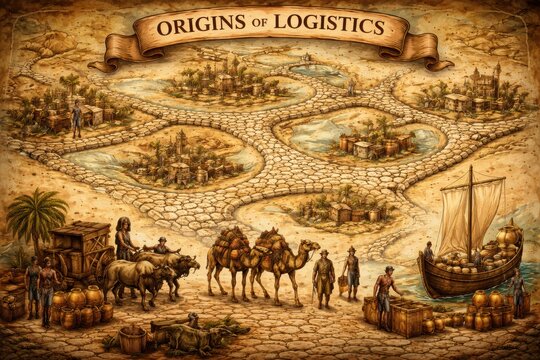 Different transport methods for goods, featuring caravans, ships, and settlements along trade routes in a historic landscape.