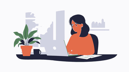 Obraz premium Businesswoman working on laptop in modern office space with city view