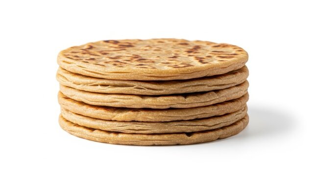 This clean, isolated studio shot captures a tall, neat stack of round, textured brown oatcakes against a bright white background.