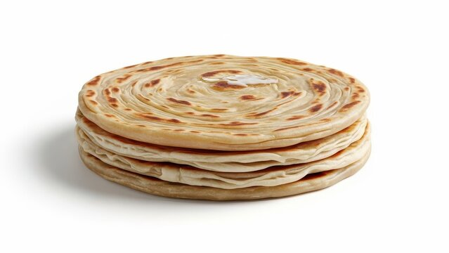 An isolated studio shot of a stack of warm, appetizing golden brown layered parotta flatbreads, ready to be served against a clean white background.