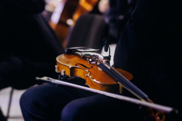 Concert view of violinist with vocalist and musical band, fiddler performing classical music,...