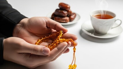 The close-up view highlights hands counting golden prayer beads in peaceful devotion, featuring dates and a steaming cup of tea on a bright white table.