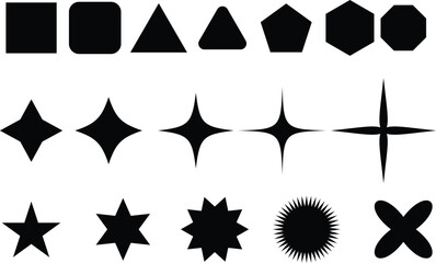 Various black solid shapes including squares triangles and stars are neatly arranged on a plain white backdrop