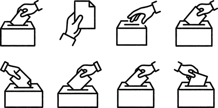 Black and white line art illustrations of hands voting with ballot papers and boxes in various positions