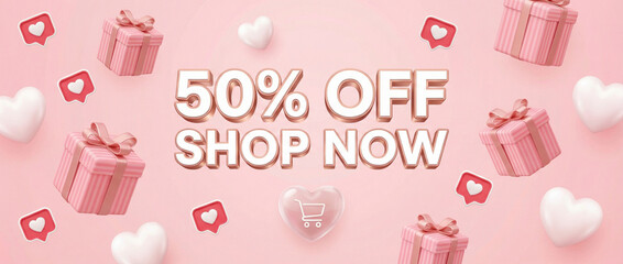 A vibrant pink background with 50% OFF SHOP NOW text, surrounded by floating pink gift boxes, white hearts, and social media like icons, perfect for a Valentine's Day or love-themed sale.