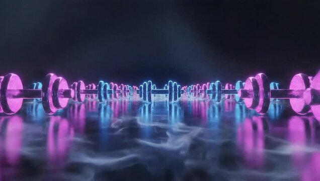 Neon Dumbbells in a Row with Reflective Surface.