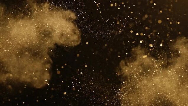 Golden glitter particles exploding and spreading on a black background.