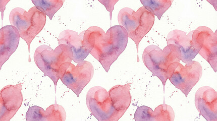 Seamless watercolor pattern featuring artistic pink and purple hearts with paint splatters on a white background, perfect for romantic designs.