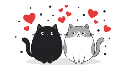 A cute cartoon illustration of two cats, one black and one grey, sitting together with red hearts floating around them.