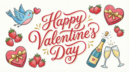 A vibrant illustration celebrating Happy Valentine's Day with a bird, strawberries, heart gifts, and champagne.