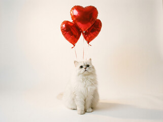 A fluffy white cat sits on a plain white background with three red heart-shaped balloons floating above its head, looking upwards.