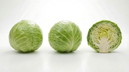 Fototapeta premium A vibrant still life featuring three green cabbages showcasing a whole cabbage a halved one and a fully cut cross section for display
