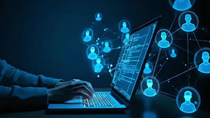 Hands Typing on Laptop with Glowing Blue Holographic Human Avatars and Data Code, Representing Global Social Networking, Digital Team Collaboration, Software Development, and Human Connectivity - Powered by Adobe