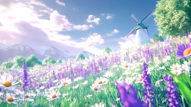 Spring booming. Life. New hope. Season. A vivid, digitally rendered landscape featuring a lush meadow dotted with blooming flowers and a solitary windmill.