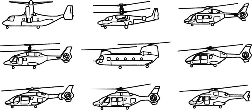 Collection of various helicopter models and designs in simple line drawings  side views