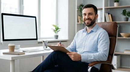 A professional man with a beard is seated in an office chair writing on a clipboard and smiling at the camera
