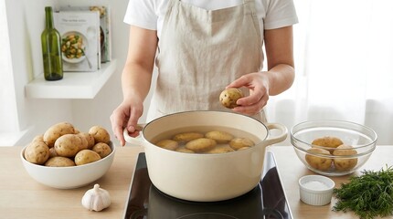 A person wearing an apron is preparing potatoes in the kitchen with bowls of unpeeled and peeled potatoes nearby and herbs present