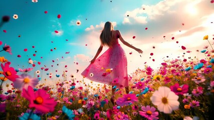 Spring booming. Life. New hope. Season. A vivid, highresolution digital artwork featuring a woman in a flowing pink dress amidst a field of flowers. The womans pose is graceful.