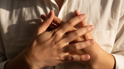 Closeup of hands clasped together in prayer or contemplation