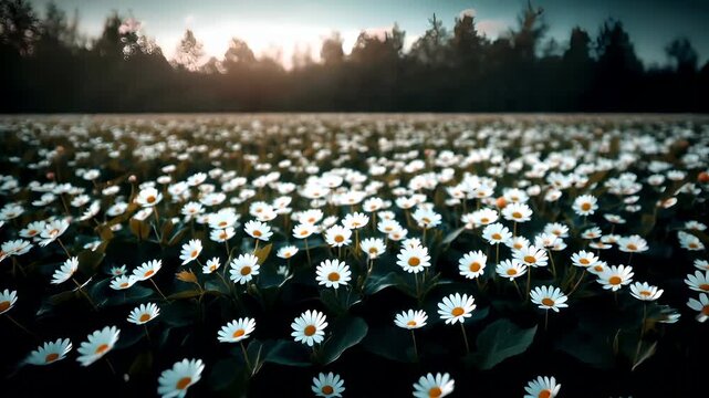 Spring booming. Life. New hope. Season. A closeup of a wicker basket filled with white daisies. The flowers are in full bloom, with the stems and leaves visible. The background is blurred.