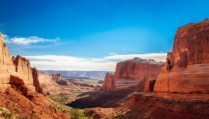 Naklejka premium A Vibrant Canyon Landscape Features Distinctive Rock Formations Under A Clear Blue Sky Evoking A Sense Of Adventure And Vastness Perfect For Backgrounds And Travel Themes
