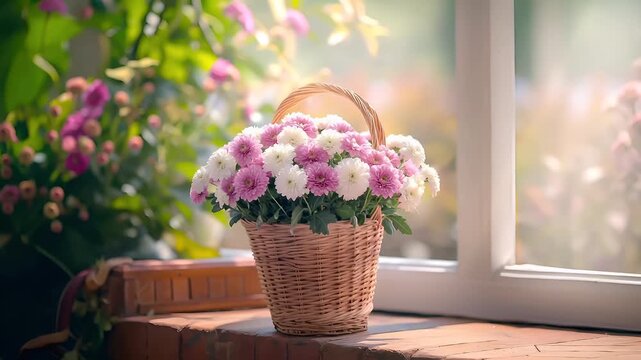 Spring booming. Life. New hope. Season. A closeup of a basket filled with pink and white flowers on a windowsill. The flowers are in full bloom, with the petals slightly blurred in the background.