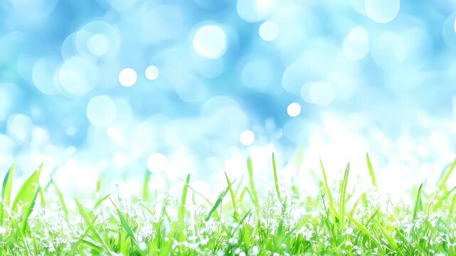 Spring booming. Life. New hope. Season. green grass with dewdrops under a bright blue sky background.