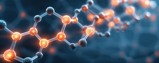 Advanced manufacturing concepts for biomaterials. A close-up of a molecular structure showcasing glowing atoms, highlighting the complexity and beauty of scientific exploration.