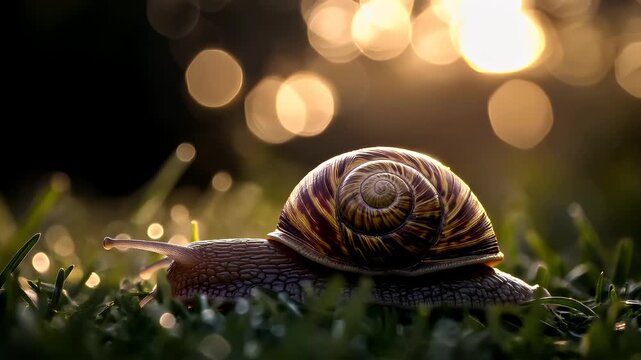 Spring booming. Life. New hope. Season. A closeup of a snail on grass with a bokeh background. The snails shell is intricately detailed with a mix of brown and yellow hues.