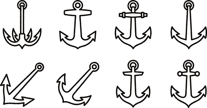 Set of nautical anchors in different styles and orientations on white