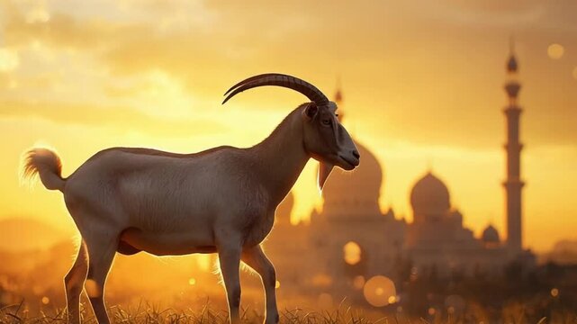 Eid al-Adha Golden Light Goat Before Sacred Mosque
