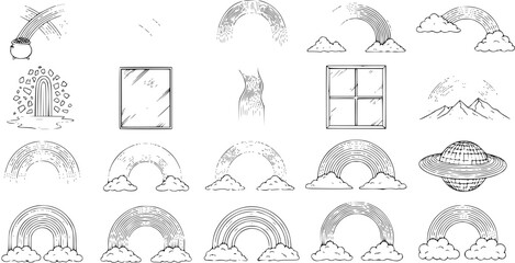 Collection of Hand-Drawn Black and White Line Art Illustrations: Nature, Weather, and Fantasy Elements with Rainbows, Clouds, Mountains, and a Stylized Planet. © victoria
