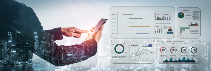 A project management dashboard with business performance analytics. A visualization of project timelines, KPIs, and company data for strategic review. Motif