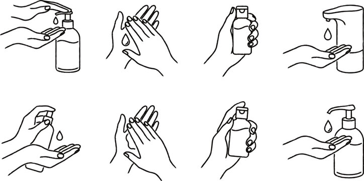 Various hands using hand sanitizer in different positions and actions for hygiene practices