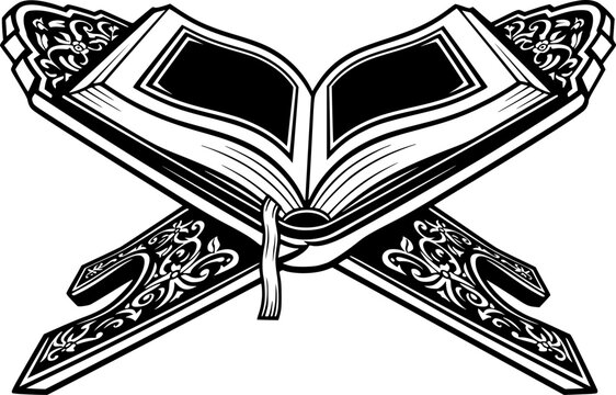 Stylized black and white illustration of the holy quran resting open on an ornate wooden book stand with floral motifs
