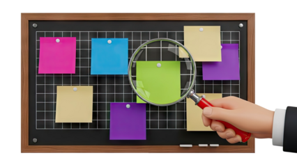 Hand with Magnifying Glass Inspecting Sticky Notes on Bulletin Board