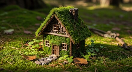 A charming moss-covered miniature fairy house nestled within a lush green forest setting