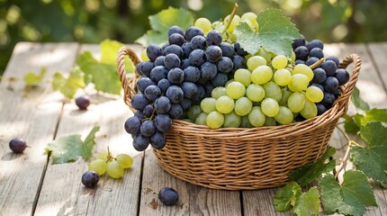 A still life composition featuring a woven basket abundantly filled with both dark purple and vibrant green grapes alongside scattered leaves