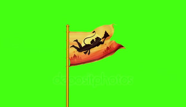 flag featuring the silhouette of Lord Hanuman flying with a mace against a warm sunset and temple background, isolated on a green screen for chroma key use. Suitable for spiritual, cultural, and devot